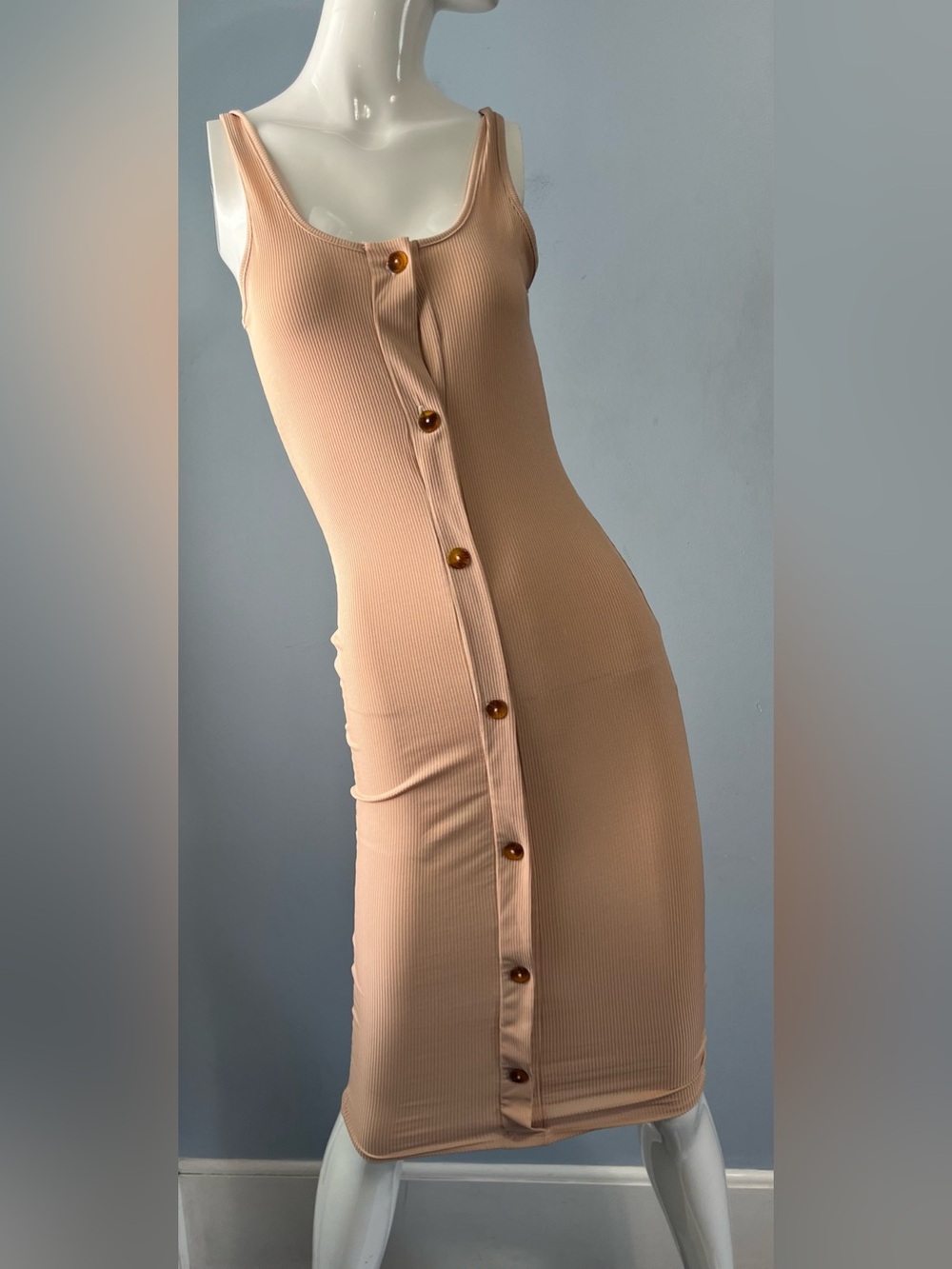 PrettyLittleThing Nude Sleeveless Ribbed Bodycon Button-Up Midi Dress Size 4